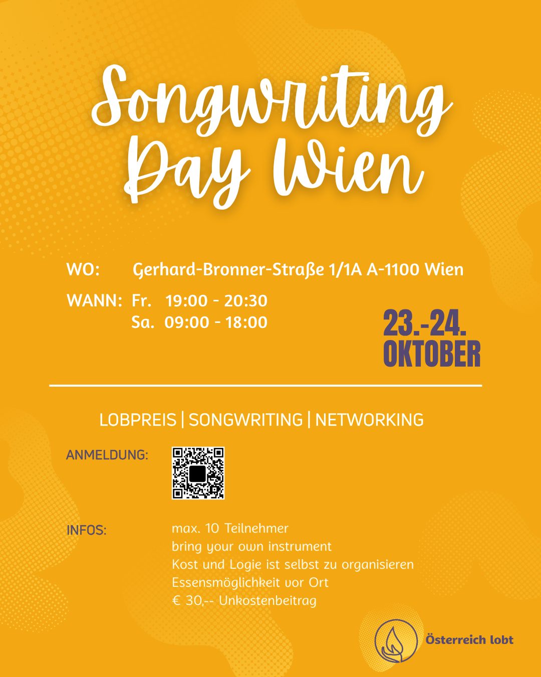 Flyer: Songwriting Day Wien, 23.–24. Oktober 2026, Campus Hub, Gerhard-Bronner-Straße 1, 1100 Wien
